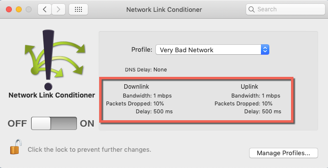 Network Link Conditioner Profile Details
